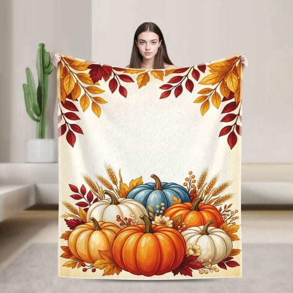 Pumpkin Blanket, Autumn Pumpkin Leaves Artwork, Cozy Flannel Blanket for Fall Home Decor, Warm Farmhouse Style Throw for Sofa Couch 50x40