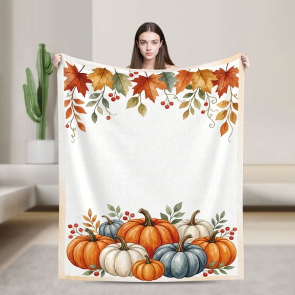 Pumpkin Blanket, Fall Thanksgiving Decor Gift, Watercolor Pumpkin Throw Blanket with Autumn Leaves, Soft Cozy Blanket for Living Room Sofa 50x40
