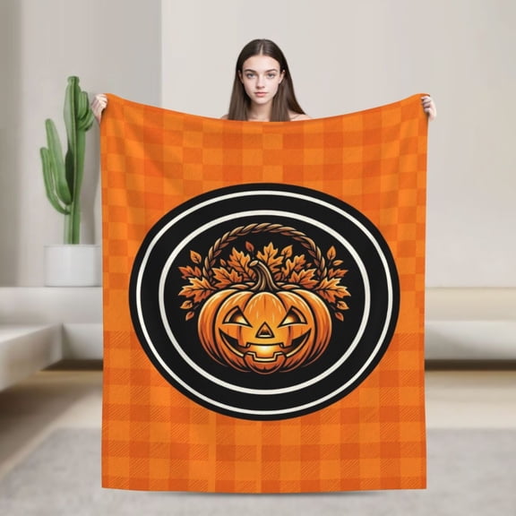 Pumpkin Blanket, Halloween Orange Plaid Badge Glowing Jack O Lantern Wreath Print, Cozy Flannel Couch Throw, Gift for Adults 50x40
