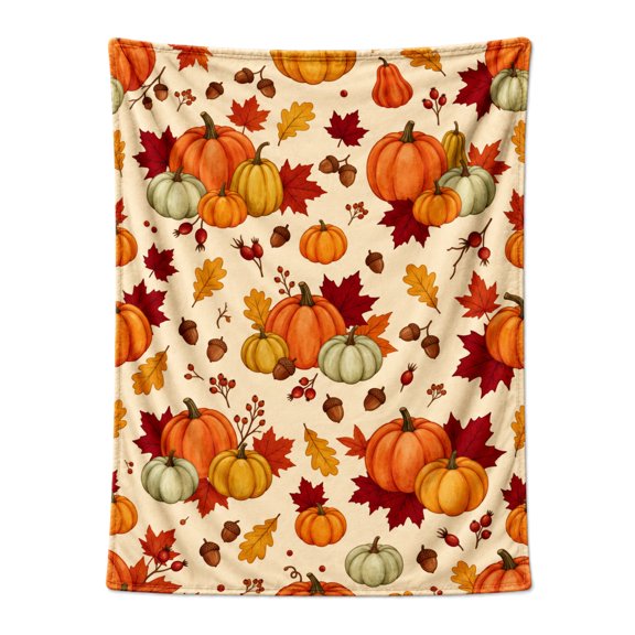 Pumpkin Blanket, Fall Watercolor Maple Leaf Acorn Berry Harvest Print, Soft Flannel Couch Throw, Holiday Gift for Women Men 50x40