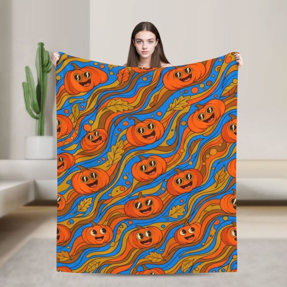 Pumpkin Blanket, Halloween Retro Groovy Sunglasses Jack O Lantern Wavy Print, Cozy Flannel Couch Throw, Gift for Adults 50x40