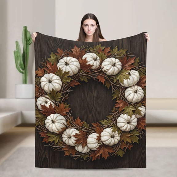 Pumpkin Blanket White Pumpkin Orange Leaves Soft Fuzzy Plush Cozy Blankets for Couch Sofa Bed Lounging Fall Flannel 50x40