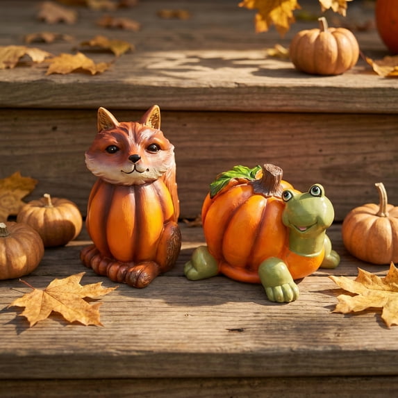 Pumpkin Body Animal Resin Figurine Set, Fox & Turtle Pumpkin Sculpture Ornaments, Whimsical Fall Halloween Decor for Yard Tabletop Porch Shelf Garden Indoor Outdoor Home Decoration, A