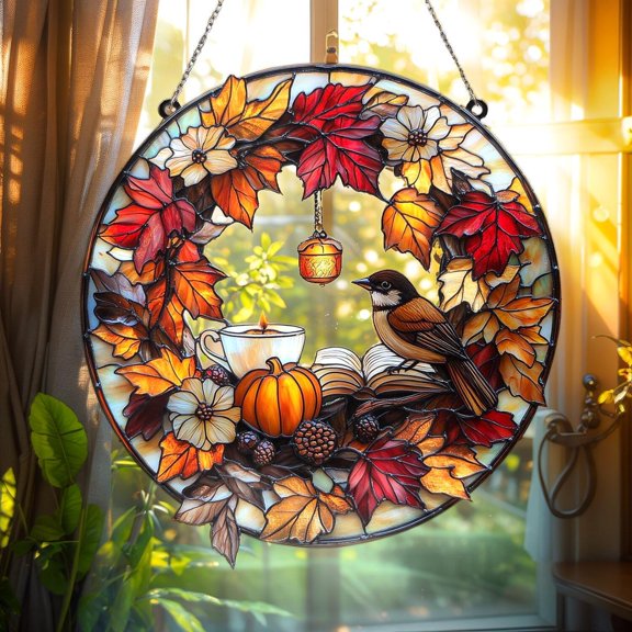 Pumpkin Book Sparow ACRYLIC Faux Stained Glass Suncatcher Autumn Acrylic Window Hanging Cozy Fall Decor Gift