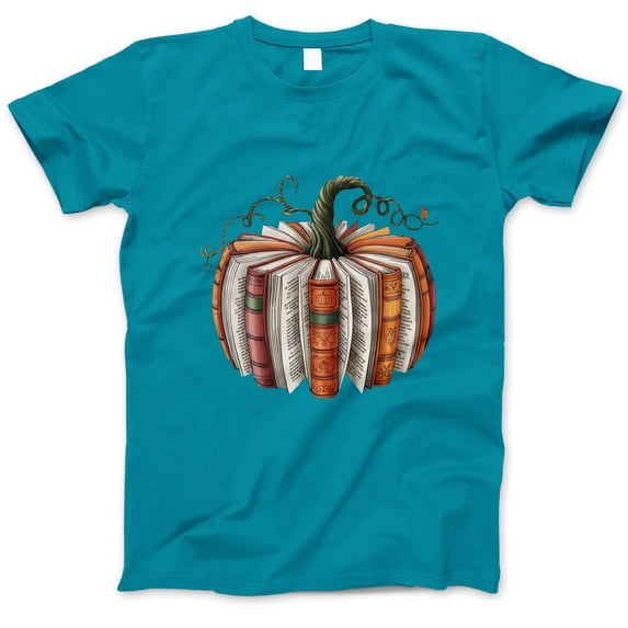 Pumpkin Book Stack T-Shirt, Fall Reading Lover Tee, Cozy Autumn Pumpkin and Books Graphic Shirt, Bookworm Gift for Halloween Season