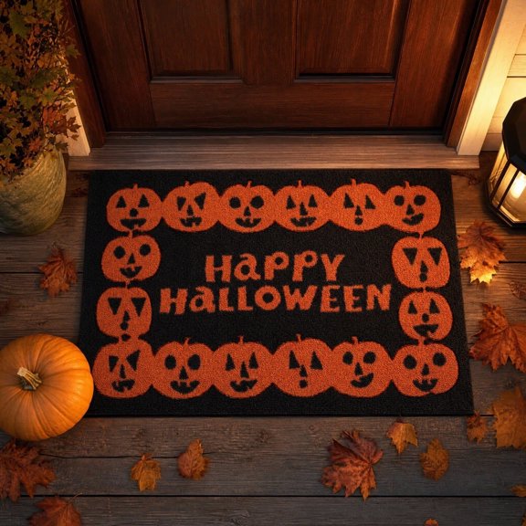 Pumpkin Border Decorative Entry Mat, Indoor Outdoor Fall Front Door Rug, Halloween Thanksgiving Porch Home Decor Mat