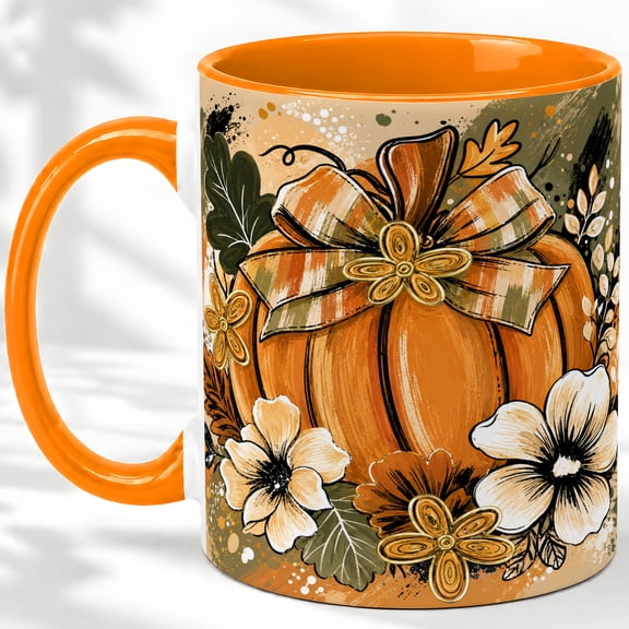 Pumpkin Bow Accent Mug, 11oz Ceramic Coffee Cup for Fall Decor Lovers