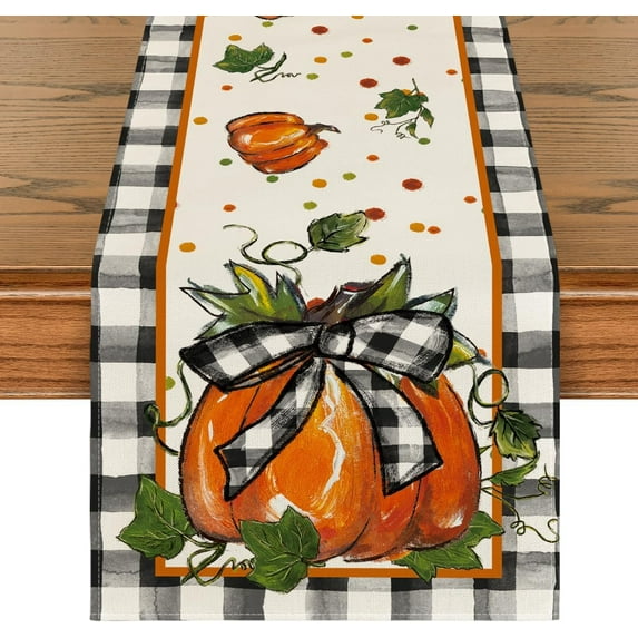 Pumpkin Bow Buffalo Plaid Fall Table Runner,Seasonal Autumn Kitchen Dining Table Decoration for Home Party Decor 13x72 Inch