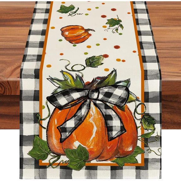 Pumpkin Bow Buffalo Plaid Thanksgiving Table Decorations, Seasonal Autumn Kitchen Dining Fall Table Runner, Dinner Party & Thanksgiving Centerpiece Decorations 13x72 Inch