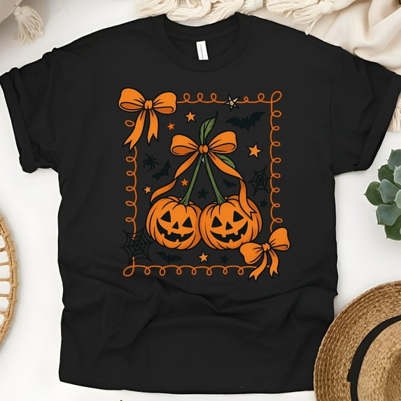 Pumpkin Bow Graphic T-Shirt | Unisex Spooky Season Outfit, Black, Size M