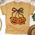 thumbnail image 1 of Pumpkin Bow Shirt Cute Jack O’Lantern Graphic Tee for Fall Season, Gold, Size S, 1 of 6
