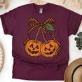 thumbnail image 1 of Pumpkin Bow Shirt Cute Jack O’Lantern Graphic Tee for Fall Season, Maroon, Size XL, 1 of 6