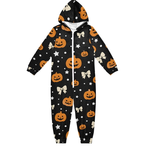 Pumpkin Bowknot Boys & Girls Hooded One-Piece Pajamas Warm Crystal velvet Hooded Long Sleeve Loungewear Jumpsuit Unisex