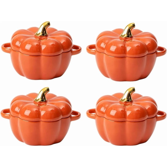 Pumpkin Bowl Set with Lid and Handle, Set of 4 Ceramic Ramekins for Baking, Casserole Dish Individual Severing Pot, Stoneware, Oven Safe, 14 Oz (Orange)