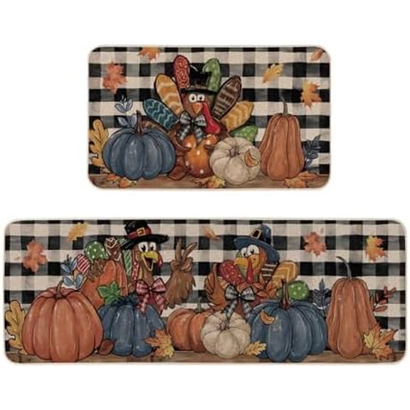 Pumpkin Buffalo Plaid Turkey Thanksgiving Kitchen Rugs Set of 2, Fall Harvest Home Decor Low-Profile Kitchen Mats for Floor - 17x29 and 17x47 Inch