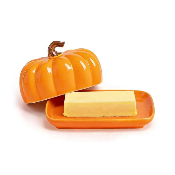 Pumpkin Butter Dish with Lid for Countertop, Cute Ceramic Pumpkin Butter Container Serving Tray with Cover, Orange Fall Cookware for Home Autumn Harvest Halloween Thanksgiving Decor