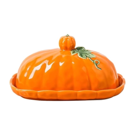 Pumpkin Butter Dish with Lid for Countertop, Cute Ceramic Pumpkin-Shaped Butter Keeper Cheese Container, Covered Orange Butter Holder for Fall Autumn Harvest Thanksgiving Halloween Decor