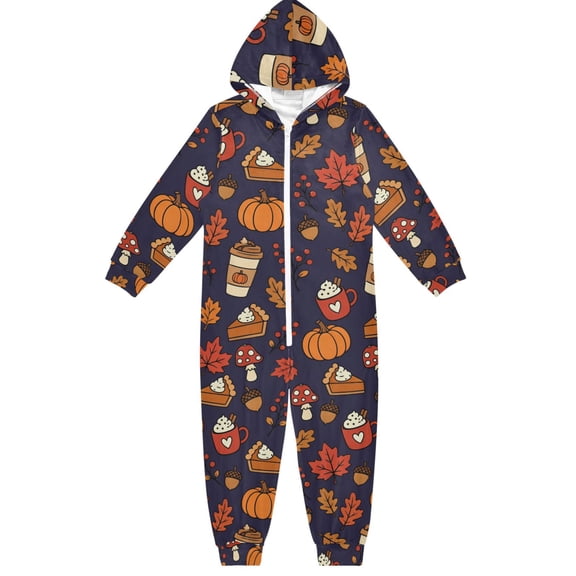 Pumpkin Cake Mushroom Boys & Girls Hooded One-Piece Pajamas Warm Crystal velvet Hooded Long Sleeve Loungewear Jumpsuit Unisex