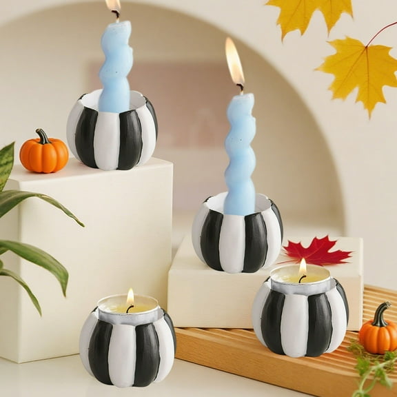 Pumpkin Candle Holder Resin Decorative Centerpiece, Minimalist Fall Table Decor for Thanksgiving, Holiday Dining Room Display Ornament(Black)