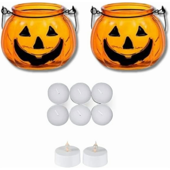 Pumpkin Candle Holders (6) Tealight Candles  Flickering Lights Hanging Lantern Decorative Orange Centerpiece Indoor Outdoor Harvest Holiday Party