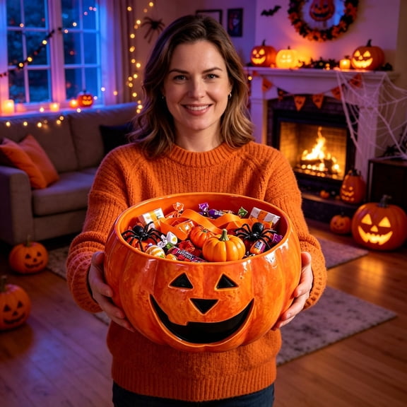 Pumpkin Candy Bowl Ceramic Smile Face Halloween Party Fruit Snack Bowl approx 7.9 Inch