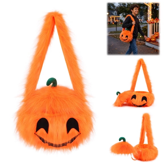 Pumpkin Candy Carrier, Plush Handle Tote for Trick-or-Treat Events, Spacious Halloween Treat Collection Bag, Durable Fabric Candy Organizer, Festive Gathering Accessory for Seasonal Use, Orange