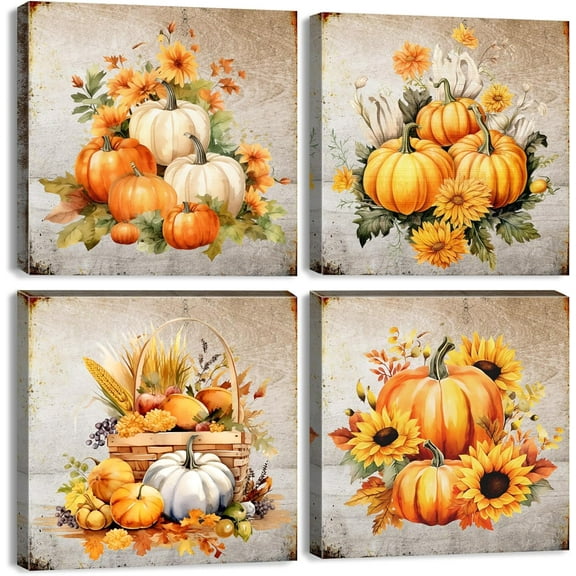 Pumpkin Canvas Wall Art Kitchen Wall Decor Rustic Sunflower Pictures Bedroom Artwork Autumn Themed Fall Festival Harvest Painting for Living Room Dinner Halloween Party Home Decorations 16x16" 4 Pcs