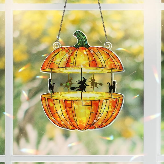 Pumpkin Carousel Holographic Window Hanging Halloween Witch Cat Sun Catcher, Spooky Pumpkin Decor for Haunted House Windows