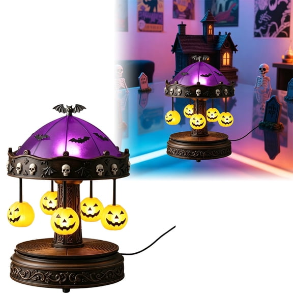 Pumpkin Carousel Night Light, Halloween Rotating Stained Glass Shade Floating Ghosts Pumpkins Table Lamp Usb Powered Purple Not Rotatable