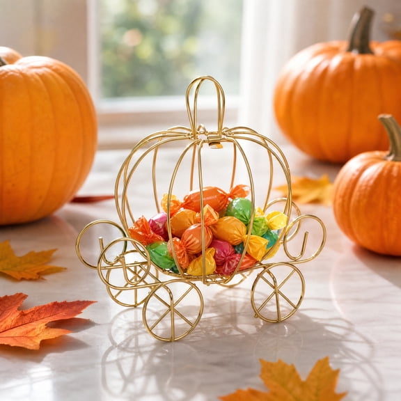 Pumpkin Carriage Candy Holder, Bronze Iron Halloween Table Centerpiece, Wedding Party Candy Container, Decorative Candy Cart for Birthday Celebrations, Rustic Farmhouse Tabletop Decor