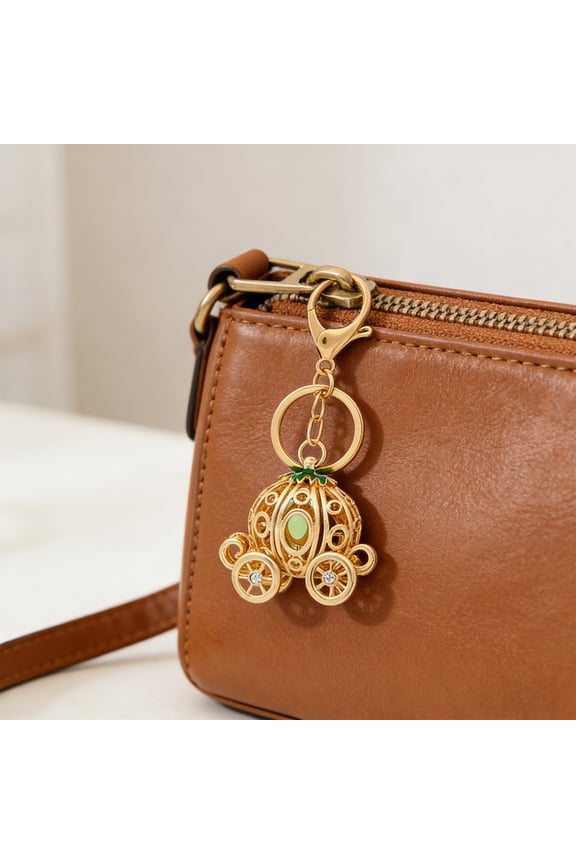 Pumpkin Carriage Keychain Fairy Tale Pumpkin Coaches Key Ring with Rhinestones Enamel Sparkling Car Accessory for Women Girls