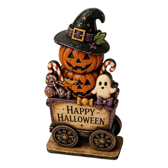 Pumpkin Cart Figurine Happy Halloween Resin Village Decoration with Ghost and Candy Tabletop Mantel Shelf Indoor Fall Decor D