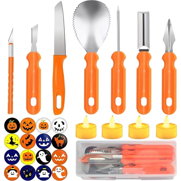 Pumpkin Carving Kit, 14 Pcs Stainless Steel Pumpkin Carving Tools with Halloween Stickers and Candles, Halloween Decorations Gifts for Family DIY, Pumpkin Decorating Kit with Box for Kids and Adults