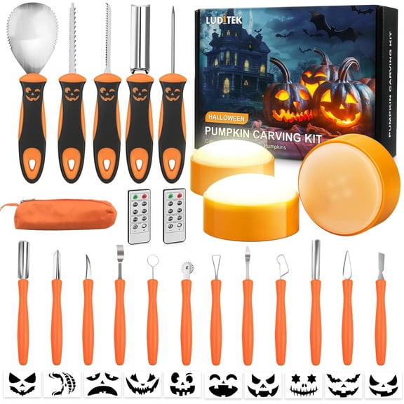 Pumpkin Carving Kit, 17 PCS Professional Stainless Steel Pumpkin Carving Tools with 3 Electronic Candles Lights and 10 Stencils, Jack-O-Lanterns Cutting Halloween Gifts for Adults