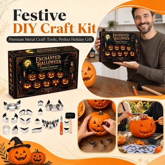 Pumpkin Carving Kit 27-Piece Metal Molds Halloween DIY Craft Tools Set Stainless Steel Jack-O-Lantern Carving Stencils with Mallet Gift Box
