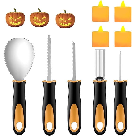 Pumpkin Carving Kit 5Pcs Stainless Steel Tools Set with LED Candles