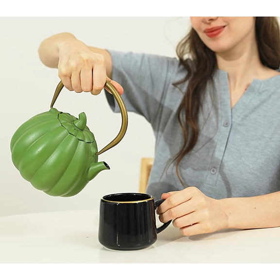 Pumpkin Cast Iron Teapot 40oz Light Green Enamel Coated Stovetop Safe for Loose Tea