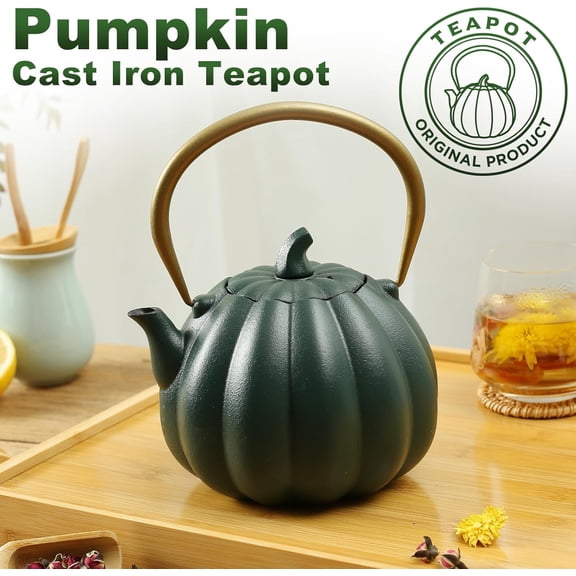 Pumpkin Cast Iron Teapot with Infuser - Japanese Kettle with Enamel Interior for Loose Leaf Brewing, 40oz Traditional Tetsubin, Stainless Steel Filter, Stovetop Safe (Dark Green)