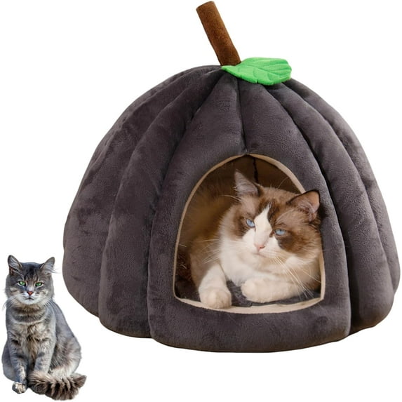 Pumpkin Cat Bed, Cat Beds with CatsRemovable Cushion for Indoor, Warm Cave Nest Sleeping Bed Puppy House for Cats Small Dogs (Dark Gray, L)