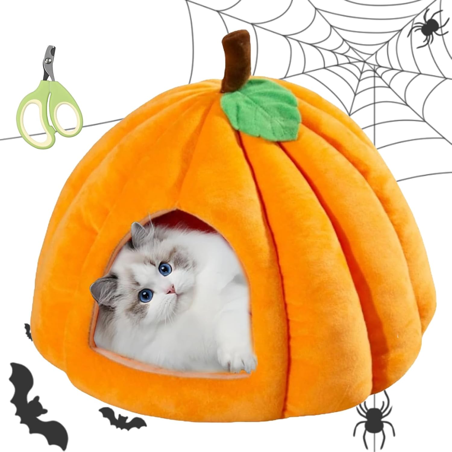 Pumpkin Cat Bed – Soft Cotton Enclosed Pet Nest for Cats (Green & Orange)