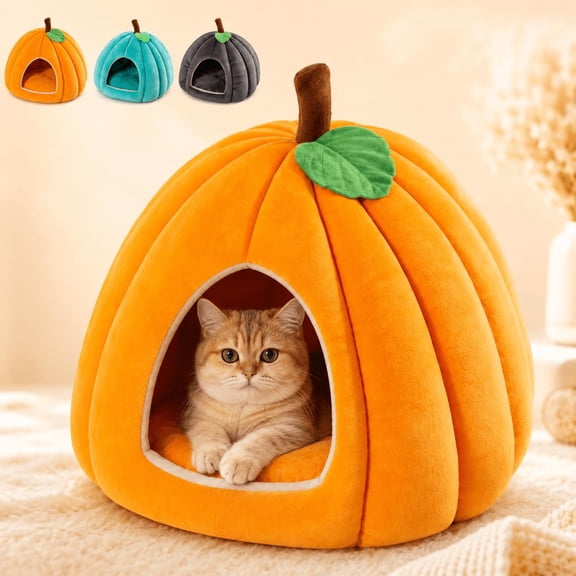 Pumpkin Cat Bed for Indoor Cats, Semi-Enclosed Plush Cave with Cushion