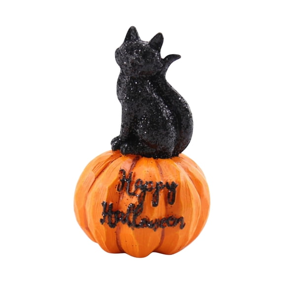 Pumpkin Cat Figurine for Halloween Decorations, Happy Halloween Standing Cat Resin Statue, Spooky Autumn Tabletop Centerpiece for Home Room Shelf DisplayColor