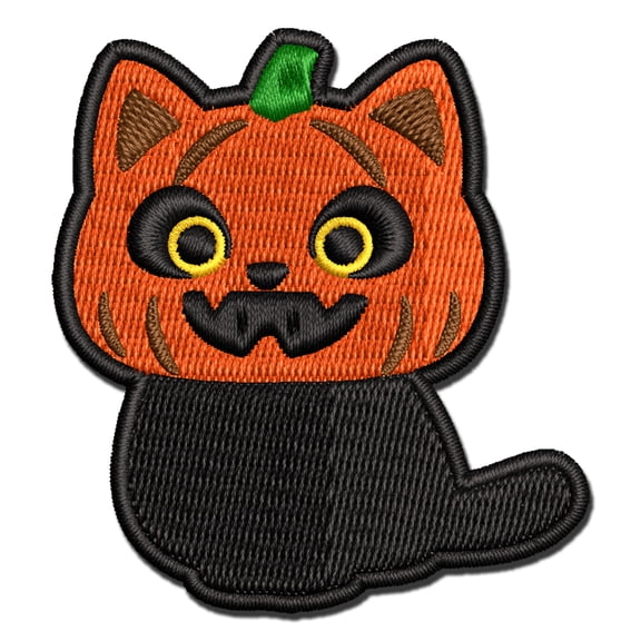 Pumpkin Cat Halloween Jack O Lantern Applique Multi-Color Embroidered Iron-On Patch - 3 Inch Medium