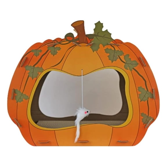 Pumpkin Cat Scratcher House - Fall Halloween Cat Scratching Post - 18.75" Cardboard Hideaway - Includes Catnip & Mouse Toy