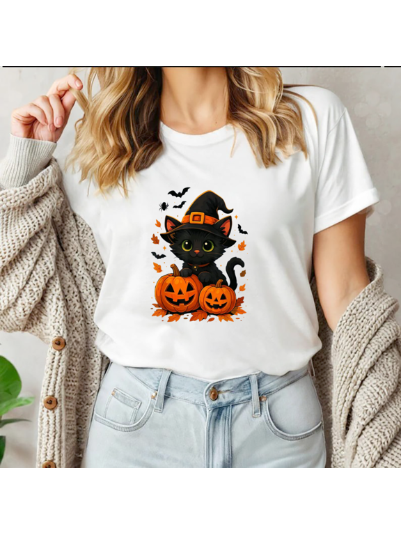 Pumpkin Cat Shirt Spooky Black Cat Witch Hat Jack Lanterns Unisex T-Shirt,S-5XL
