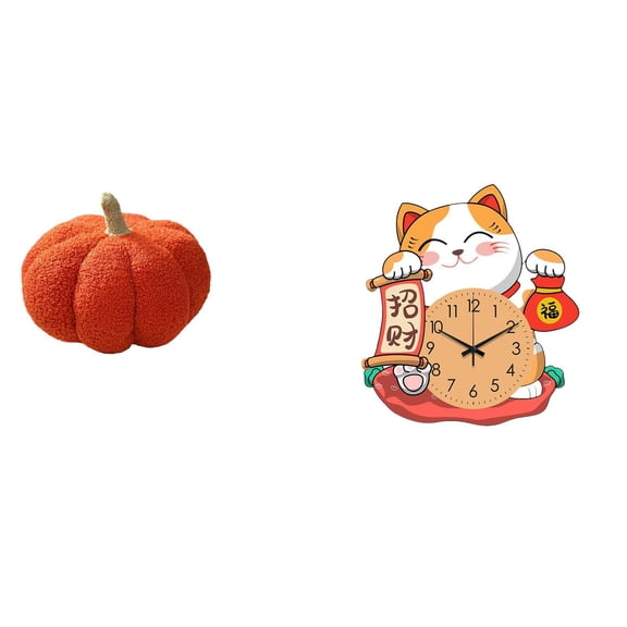 Pumpkin Cat Wall Clock Plush Pillow Silent Non Ticking Function for Kids Living Room Sofa Home Office