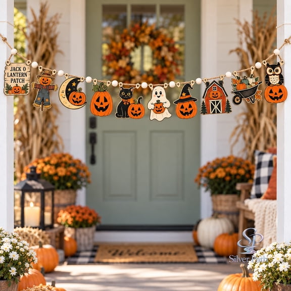 Pumpkin Cat Ornament Wooden Garland, Halloween Jack O Lantern Mantel and Entryway Decor for Fall Hosts