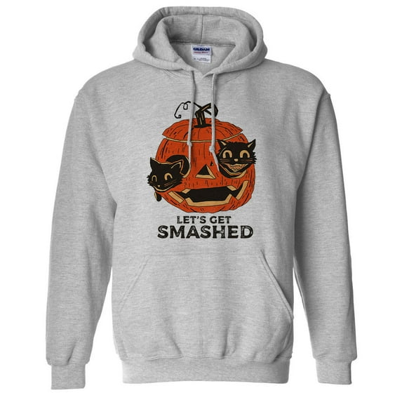 Pumpkin Cats Lets Get Smashed Hoodie Sweatshirt Unisex Large Grey