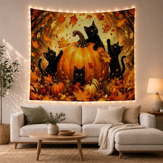 Pumpkin Cats Surrounded with Perched Very While Others, Playful Illustration for Cat Lovers, Animal Wall Decor, Halloween Gift, Tapestry Wall Hanging for Bedroom and Dorm