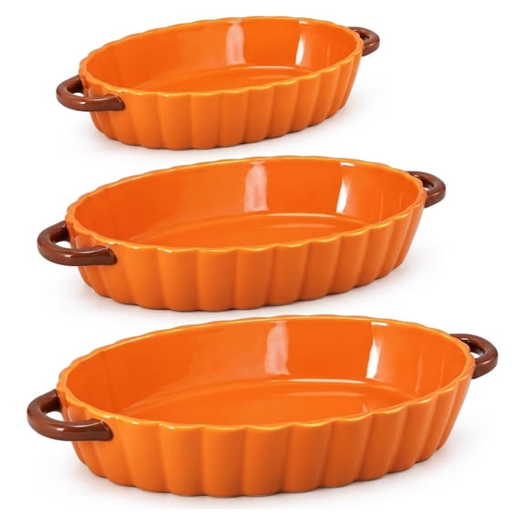 Pumpkin Ceramic Baking Dish Set of 3, 10 12 14 Inch Oval Casserole Pans, Orange Autumn Baking Dishes for Thanksgiving 10 Inches / 25.4 cm, 12 Inches / 30.5 cm and 14 In Orange